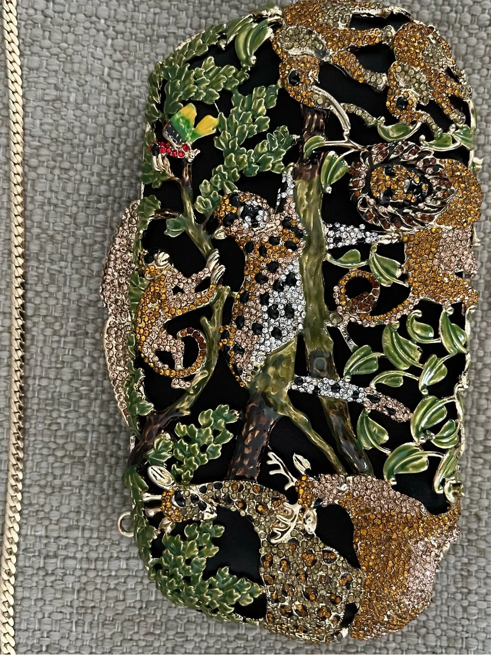Gold-Tone Floral Embellished Clutch and attachments in Black & Green